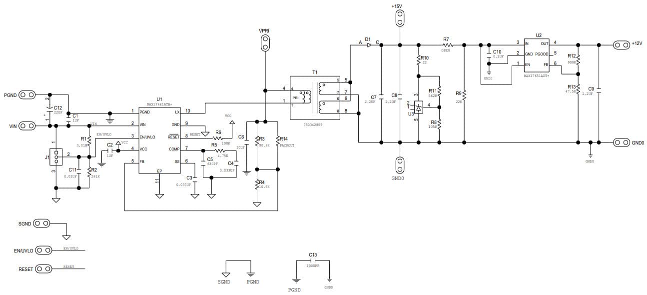 MAX17681EVKITC#, Evaluation Kit for MAX17681 4.5V to 42V Input, High-Efficiency, Iso-Buck DC-DC Converter with Isolated +15V or +12V Output Configuration