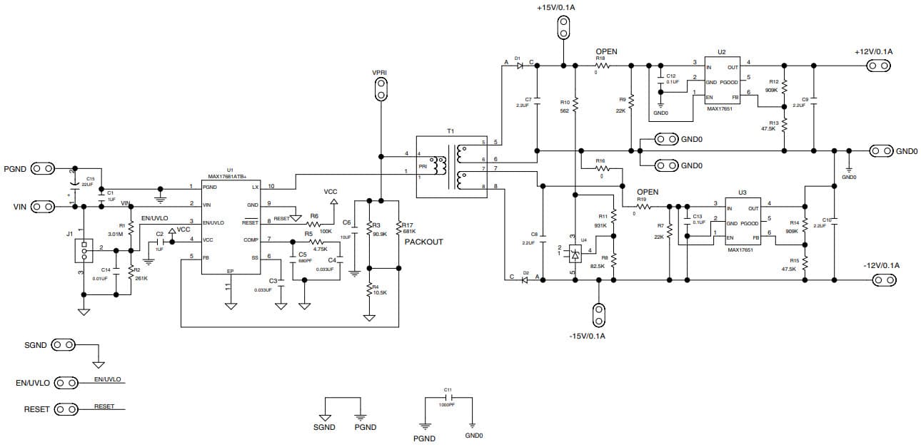 MAX17681EVKIT#, Evaluation Kit for MAX17681 4.5V to 42V Input, High-Efficiency, Iso-Buck DC-DC Converter with Isolated ±15V or ±12V Output Configuration