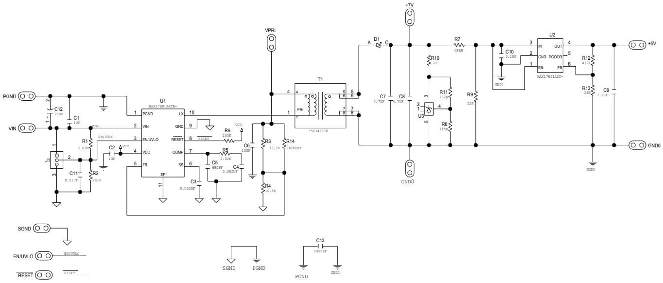 MAX17681AEVKITD#, Evaluation Kit for MAX17681A 4.5V to 42V Input, High-Efficiency, Iso-Buck DC-DC Converter with Isolated +7V or +5V Output Configuration