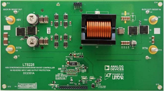 DC2351A, Demo Board Using LT8228 High Voltage, High Efficiency Bidirectional Synchronous Buck/Boost Converter @ 36V = V1 = 56V, 8V = V2 = 14V, V1 Max IOUT = 7A, V2 Max IOUT = 35A