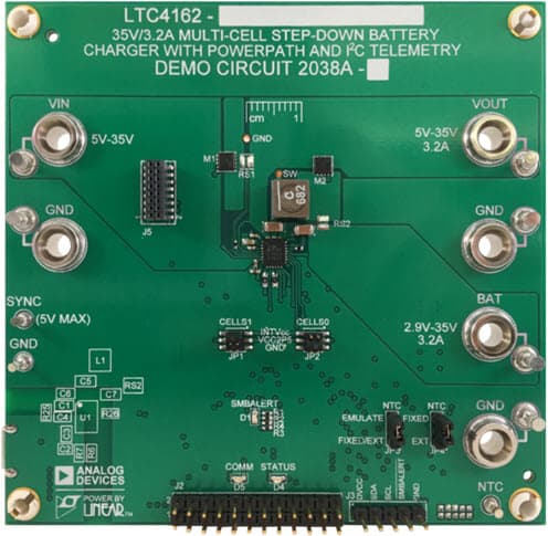 DC2038A, Demo Board Using LTC4162 35V/3.2A Multi-Cell Step-Down Battery Charger with PowerPath and I2C Telemetry