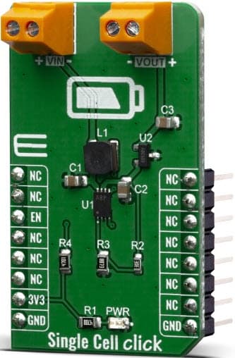 MIKROE-3844, Single Cell Click Board based on MCP16251 Synchronous Boost Regulator and MCP1811A Low-Dropout (LDO) Linear Regulator