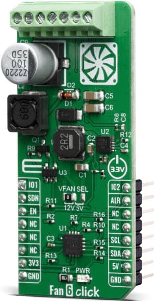 MIKROE-3867, Fan 6 Click Board based on EMC2103 SMBus Compliant Fan Controller