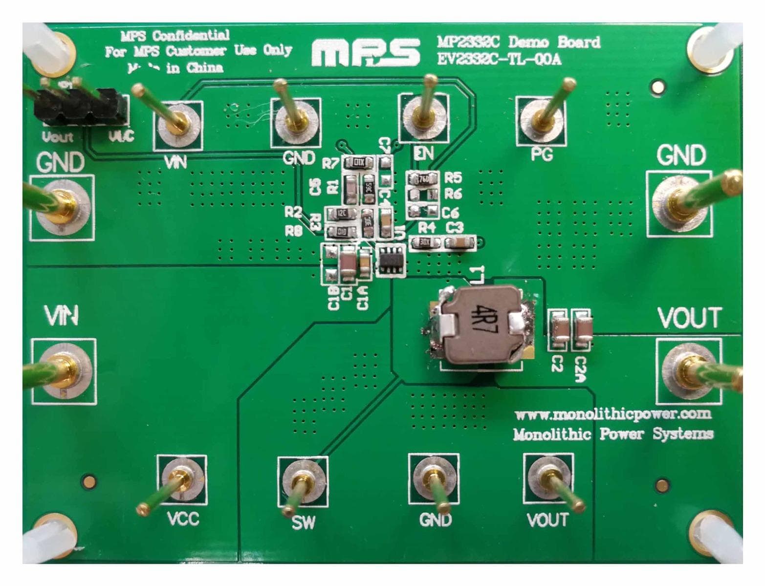 EV2332C-TL-00A, Evaluation Board is designed to demonstrate the capabilities of MP2332C, a fully-integrated high- frequency, synchronous rectified, step-down, switch-mode converter with internal power MOSFETs