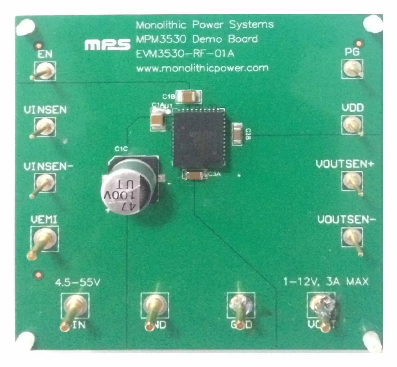 EVM3530-RF-01A, is based on MPM3530 module. The MPM3530 is an easy- to-use, fully integrated, 55V input, 3A, step- down DC/DC power module