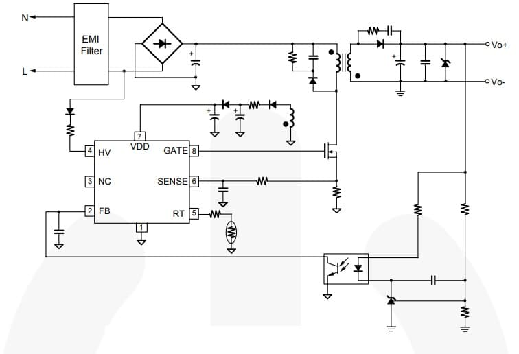 FAN6754 is a highly integrated PWM controller featuring green mode, frequency hopping, constant power limit, and a number of protection functions